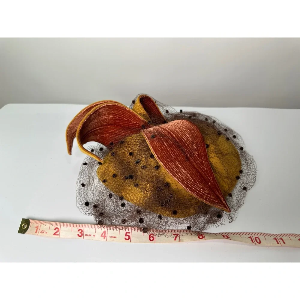 Vintage 1940s Tilt Hat Mustard Yellow Felt Brown Velvet Leaves Eagle Handcraft